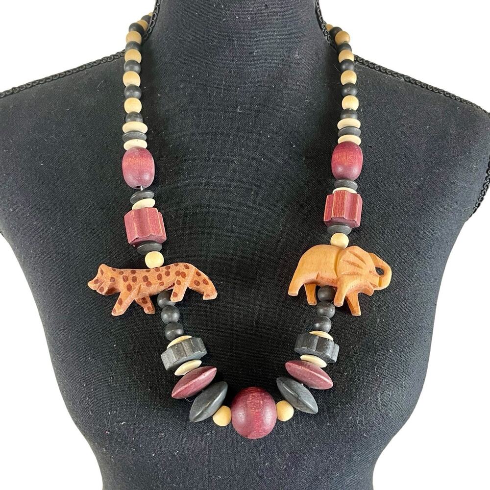 Vintage Carved Wood Elephant Leopard Beaded Necklace 28.25” Boho Safari Tribal